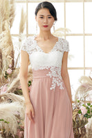 Load image into Gallery viewer, V Neck Short Sleeves Pink Mother of The Bride Dress with Appliques