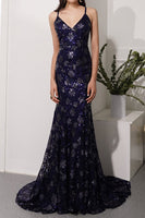 Load image into Gallery viewer, Mermaid Sparkly Navy Long Formal Dress with Sequins