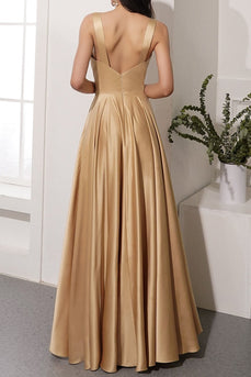 Golden Satin V-Neck Long Formal Dress with Slit