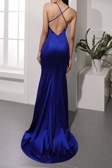 Satin Backless Royal Blue Long Formal Dress