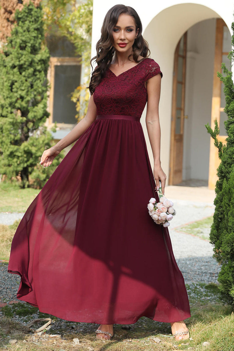 Load image into Gallery viewer, A Line V-Neck Burgundy Long Bridesmaid Dress