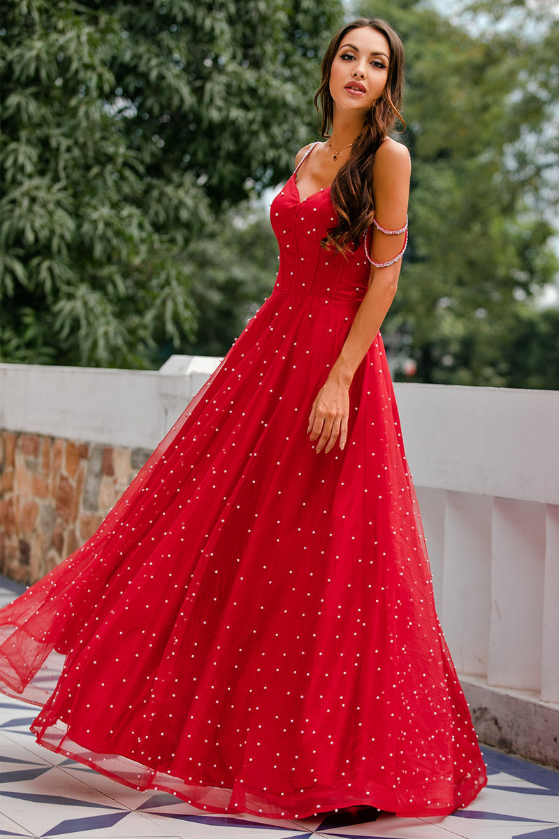 Load image into Gallery viewer, Spaghetti Straps Red Long Formal Dress with Beading
