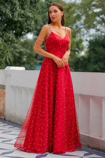 Spaghetti Straps Red Long Formal Dress with Beading