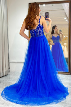 Royal Blue A Line Long Corset Formal Dress With Appliques