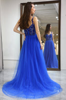 Load image into Gallery viewer, A Line Royal Blue Long Corset Formal Dress With Appliques