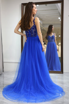 A Line Royal Blue Long Corset Formal Dress With Appliques