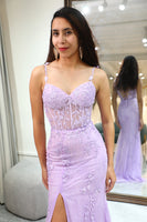 Load image into Gallery viewer, Lilac Mermaid Long Corset Appliqued Formal Dress With Slit