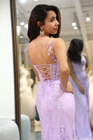 Load image into Gallery viewer, Lilac Mermaid Long Corset Appliqued Formal Dress With Slit