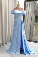 Load image into Gallery viewer, Glitter Light Blue Sheath Long Sequined Formal Dress With Slit