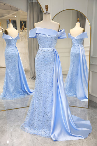 Sparkly Light Blue Long Sequined Formal Dress With Slit