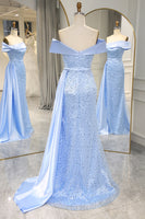 Load image into Gallery viewer, Sparkly Light Blue Long Sequined Formal Dress With Slit