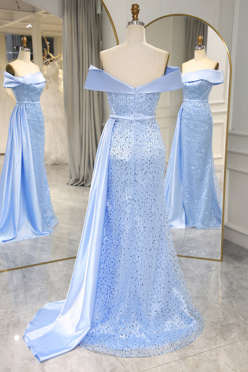 Load image into Gallery viewer, Sparkly Light Blue Long Sequined Formal Dress With Slit