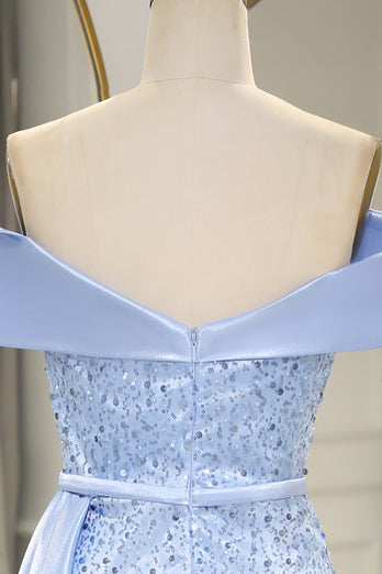 Sparkly Light Blue Long Sequined Formal Dress With Slit