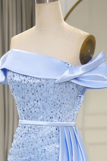 Sparkly Light Blue Long Sequined Formal Dress With Slit