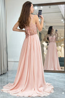 Load image into Gallery viewer, Light Pink Backless Long Corset Formal Dress With Appliques