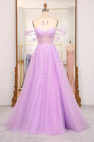 Load image into Gallery viewer, Light Purple A Line Off the Shoulder Long Corset Formal Dress With Slit
