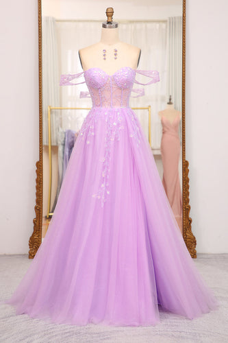 Light Purple A Line Off the Shoulder Long Corset Formal Dress With Slit