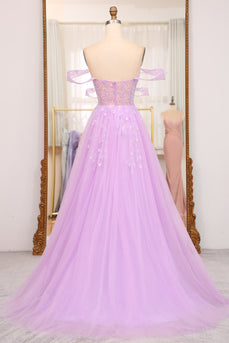 Light Purple A Line Off the Shoulder Long Corset Formal Dress With Slit