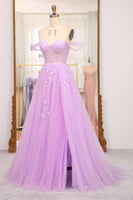 Load image into Gallery viewer, Light Purple A Line Off the Shoulder Long Corset Formal Dress With Slit