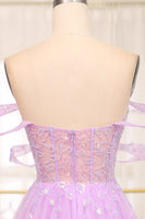 Load image into Gallery viewer, Light Purple A Line Off the Shoulder Long Corset Formal Dress With Slit