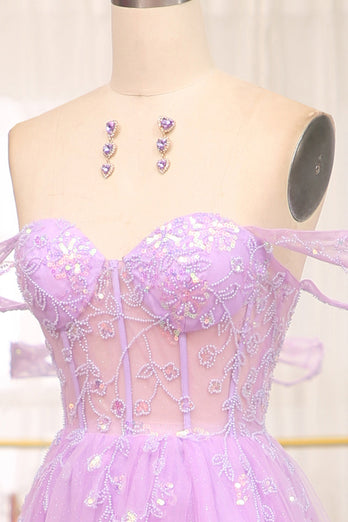 Light Purple A Line Off the Shoulder Long Corset Formal Dress With Slit