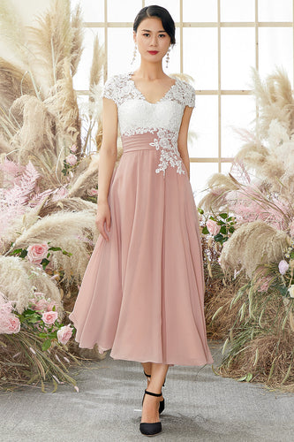 V Neck Short Sleeves Pink Mother of The Bride Dress with Appliques