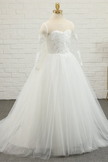 Ivory Tulle Long Flower Girl Dress with Lace