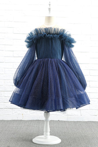 Glitter Navy Long Sleeves Flower Girl Dress