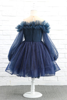 Glitter Navy Long Sleeves Flower Girl Dress