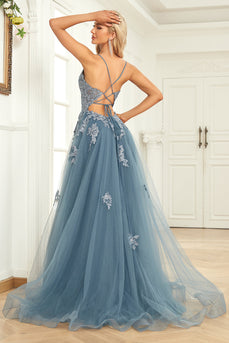 Spaghetti Straps Grey Blue Lace-Up Back Long Formal Dress with Appliques