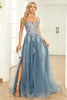 Load image into Gallery viewer, Spaghetti Straps Grey Blue Lace-Up Back Long Formal Dress with Appliques