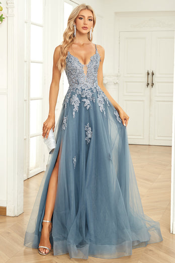 Spaghetti Straps Grey Blue Lace-Up Back Long Formal Dress with Appliques