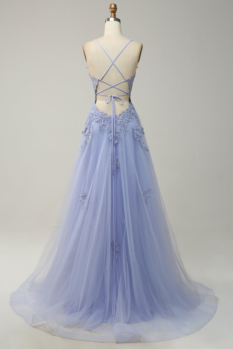 Load image into Gallery viewer, Spaghetti Straps Grey Blue Lace-Up Back Long Formal Dress with Appliques