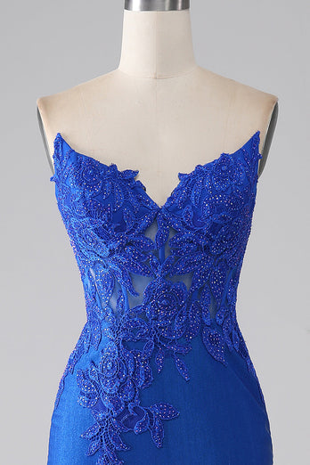 Royal Blue Mermaid Strapless Long Beaded Formal Dress With Appliques