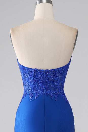 Royal Blue Mermaid Strapless Long Beaded Formal Dress With Appliques