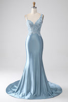 Load image into Gallery viewer, Grey Blue Mermaid Spaghetti Straps Long Beaded Formal Dress With Appliques