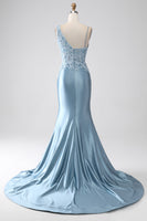 Load image into Gallery viewer, Grey Blue Mermaid Spaghetti Straps Long Beaded Formal Dress With Appliques