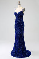 Load image into Gallery viewer, Elegant Royal Blue Mermaid Spaghetti Straps Velvet Sequin Long Formal Dress