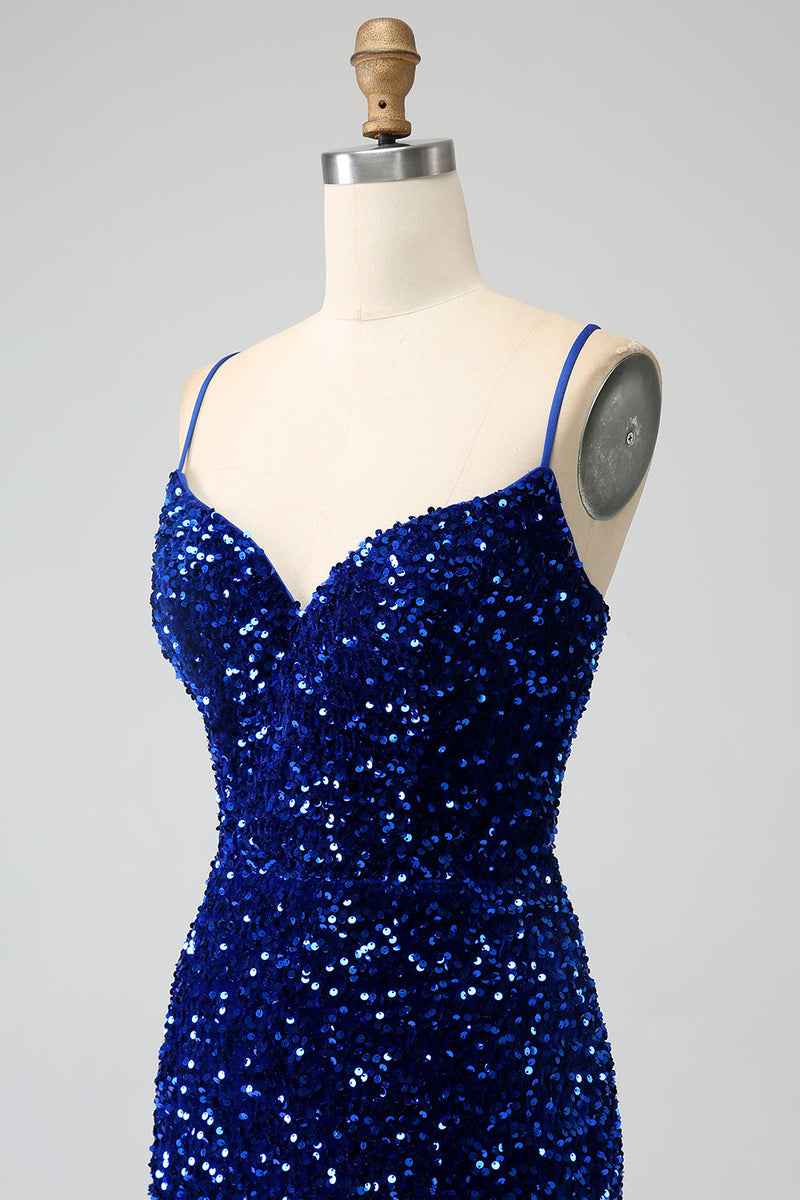 Load image into Gallery viewer, Elegant Royal Blue Mermaid Spaghetti Straps Velvet Sequin Long Formal Dress