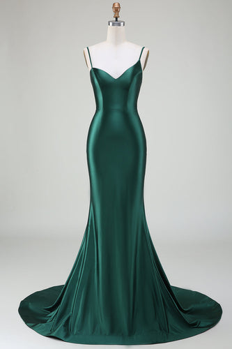 Dark Green Mermaid Spaghetti Straps Sweep Train Formal Dress