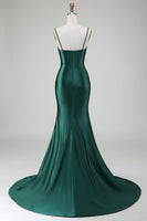 Load image into Gallery viewer, Dark Green Mermaid Spaghetti Straps Sweep Train Formal Dress