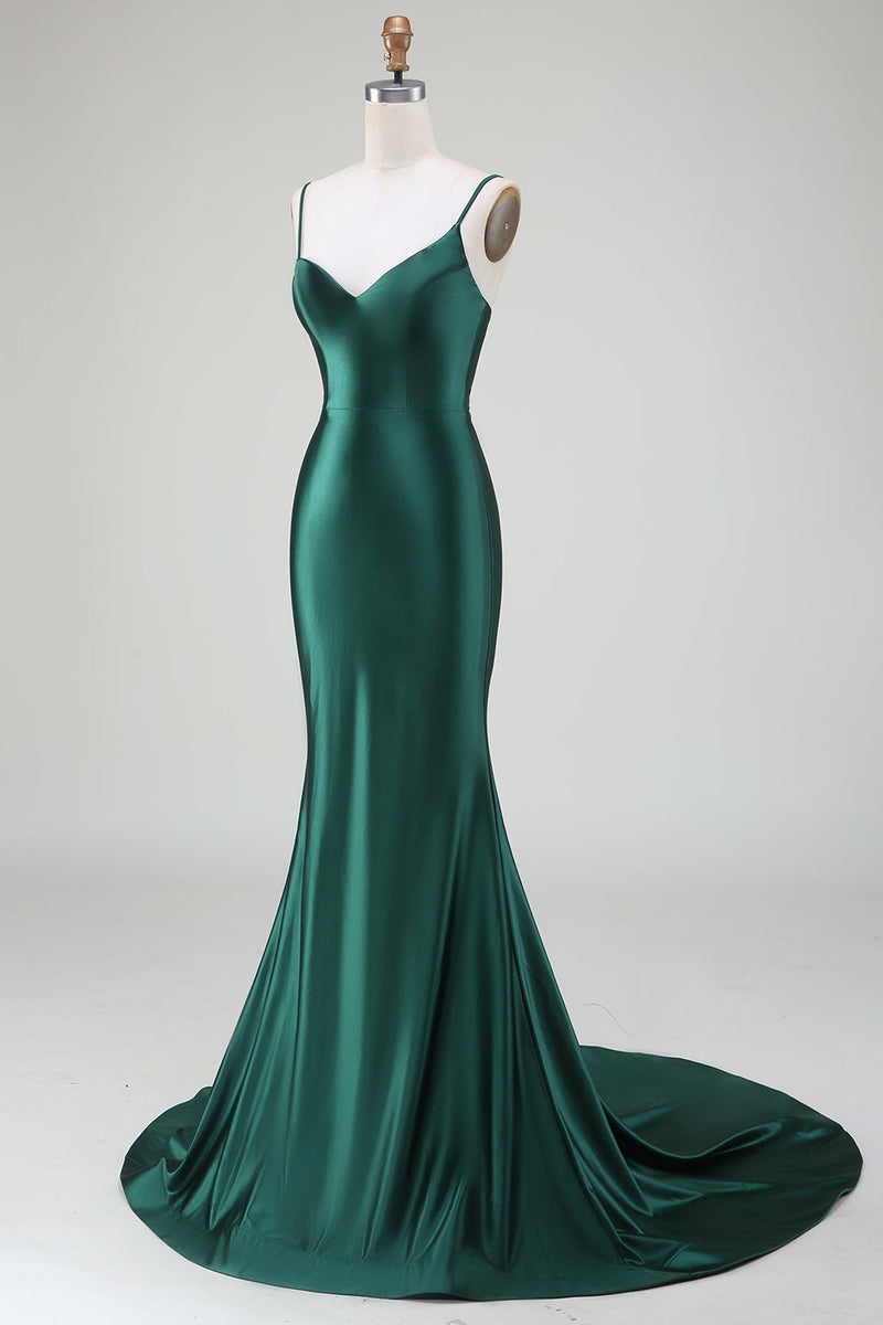 Load image into Gallery viewer, Dark Green Mermaid Spaghetti Straps Sweep Train Formal Dress
