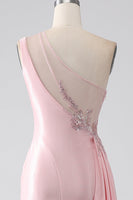 Load image into Gallery viewer, Pink Mermaid One Shoulder Sequins Appliques Ruched Formal Dress With Slit