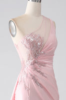 Load image into Gallery viewer, Pink Mermaid One Shoulder Sequins Appliques Ruched Formal Dress With Slit