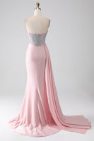 Load image into Gallery viewer, Pink Mermaid Strapless Beaded Pleated Long Formal Dress With High Slit