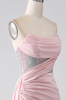 Load image into Gallery viewer, Pink Mermaid Strapless Beaded Pleated Long Formal Dress With High Slit