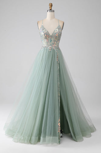 A-Line Beaded Light Green Long Formal Dress with Slit