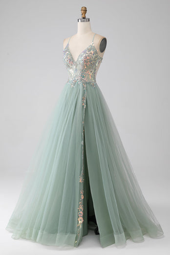 A-Line Beaded Light Green Long Formal Dress with Slit