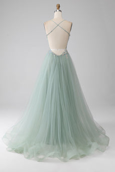 A-Line Beaded Light Green Long Formal Dress with Slit