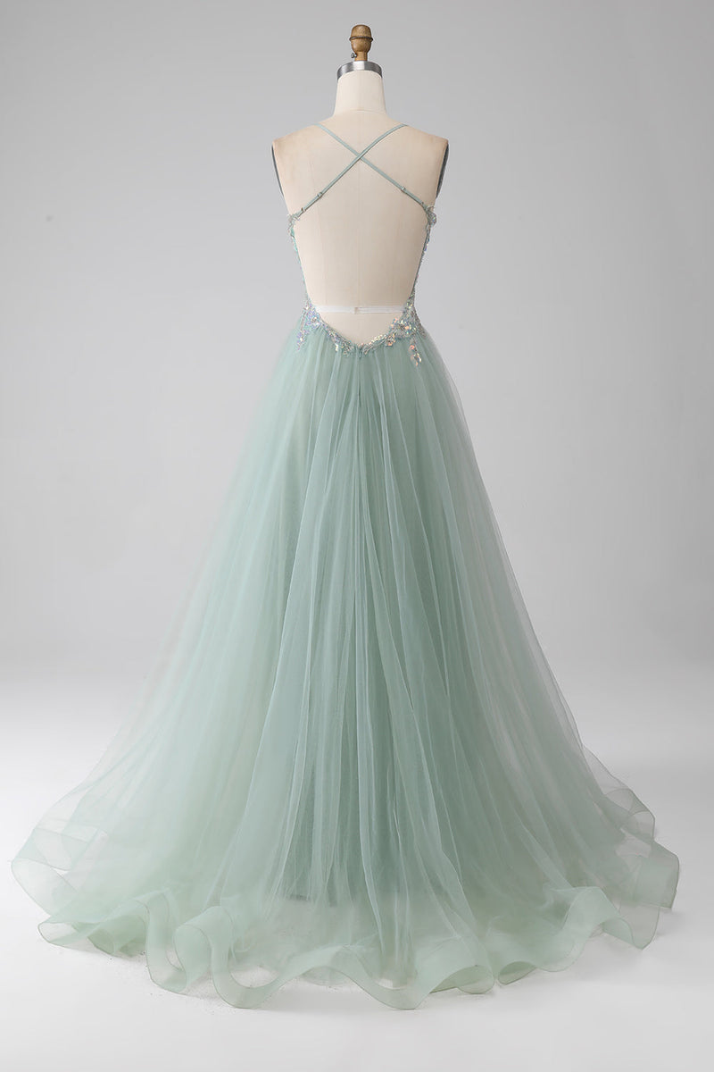 Load image into Gallery viewer, A-Line Beaded Light Green Long Formal Dress with Slit